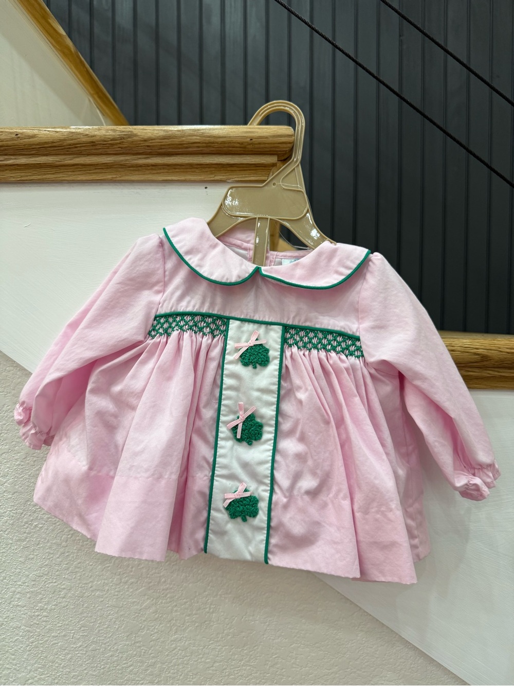 Pink Smocked Baby Dress with Green Trim
